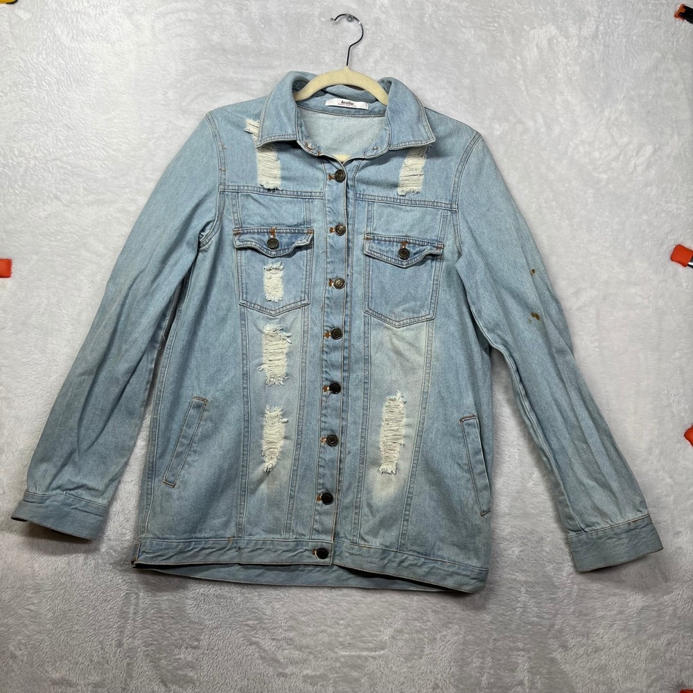 Dazzlin Trucker Jacket Women's Blue Denim Distressed Long Sleeve Oversized